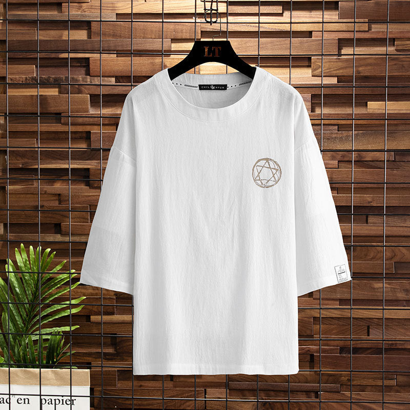 Short-sleeved 2021 new three-quarter-sleeved T-shirt men's trendy brand large size half-sleeved fat loose T-shirt five-quarter sleeve top clothes 