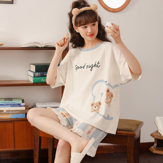 2023 thin pajamas women's summer short-sleeved shorts casual cotton can be worn outside the head sweet cartoon home clothes
