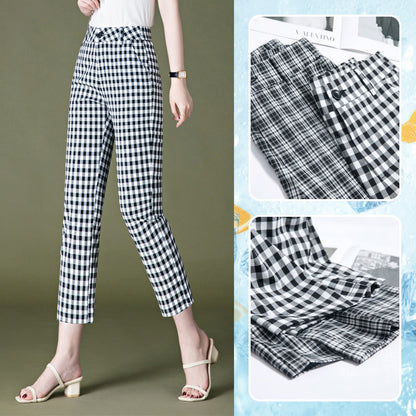 Small eight-point plaid pants women's summer thin section loose and thin elastic waist eight-point pants black and white grid straight pants 